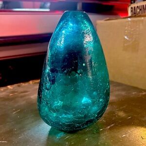 Crackled Glass Hand Blown Glass Vase Aqua Blue